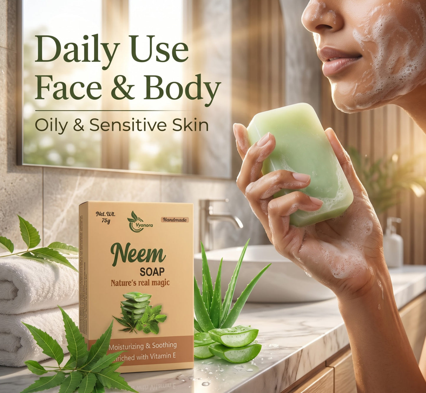Vyanora Handmade Neem & Tulsi Soap (Combo of 5 x 75g) - Nature's Clear Skin Remedy