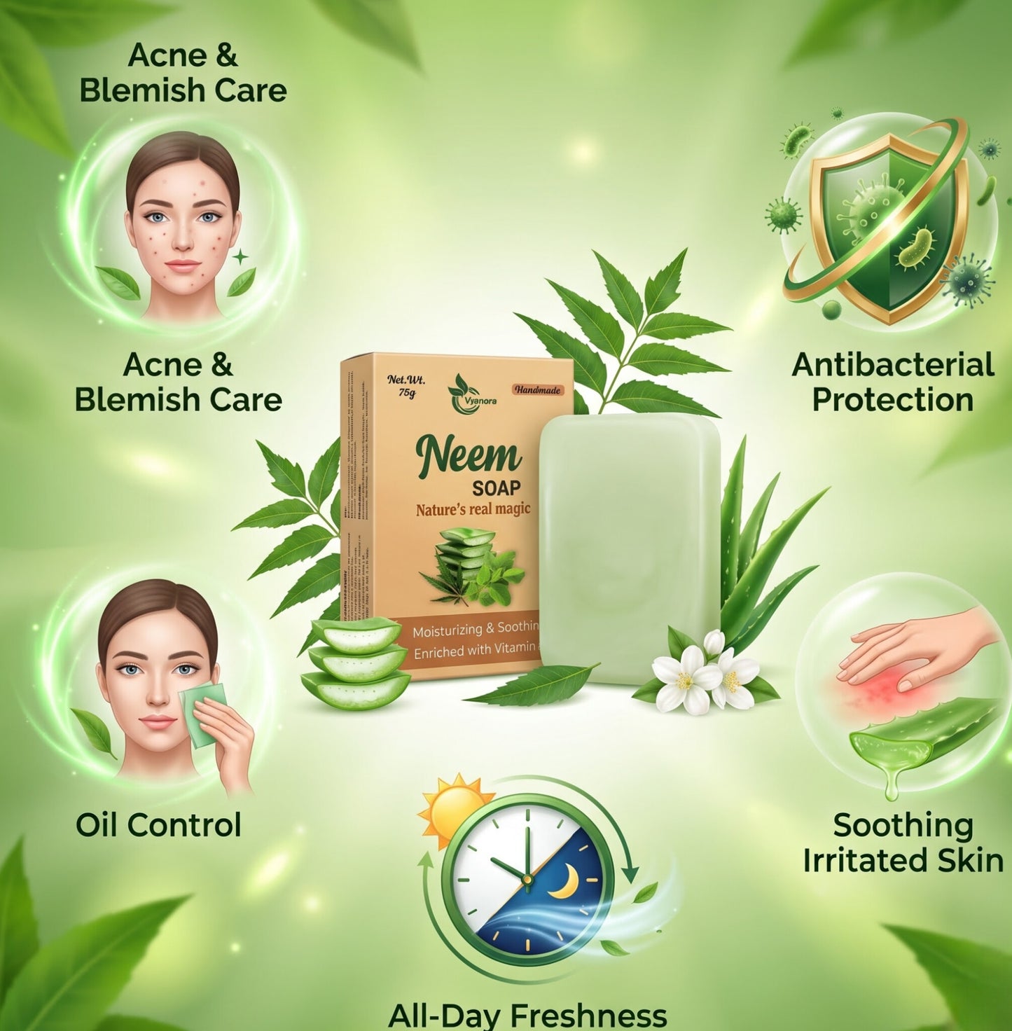 Vyanora Handmade Neem & Tulsi Soap (Combo of 5 x 75g) - Nature's Clear Skin Remedy