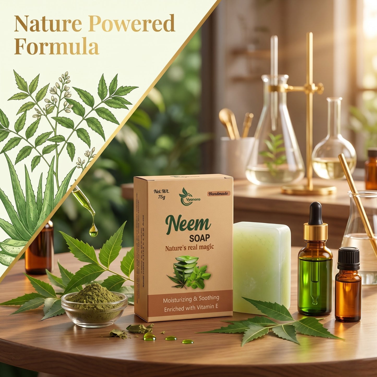 Vyanora Handmade Neem & Tulsi Soap (Combo of 5 x 75g) - Nature's Clear Skin Remedy