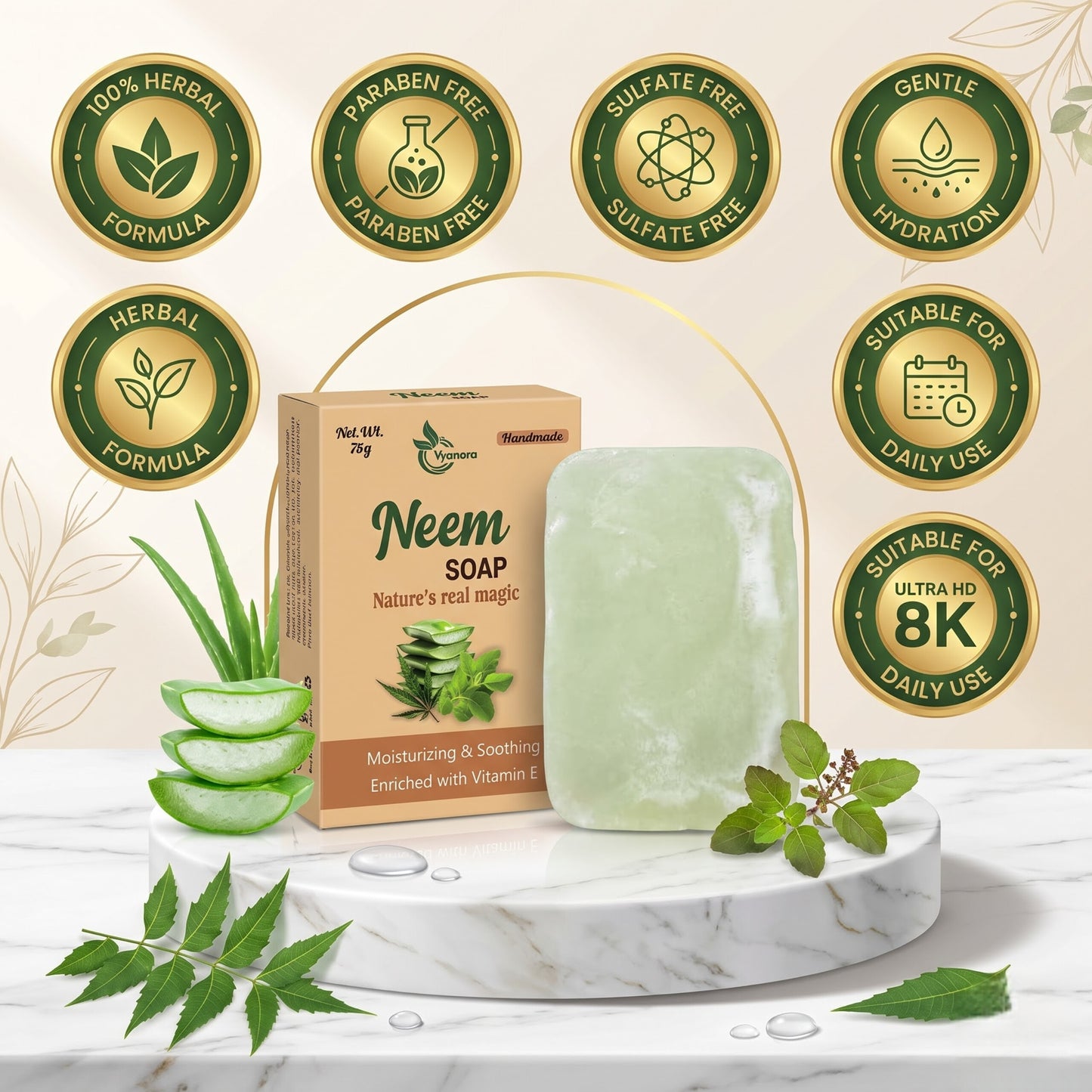 Vyanora Handmade Neem & Tulsi Soap (Combo of 5 x 75g) - Nature's Clear Skin Remedy