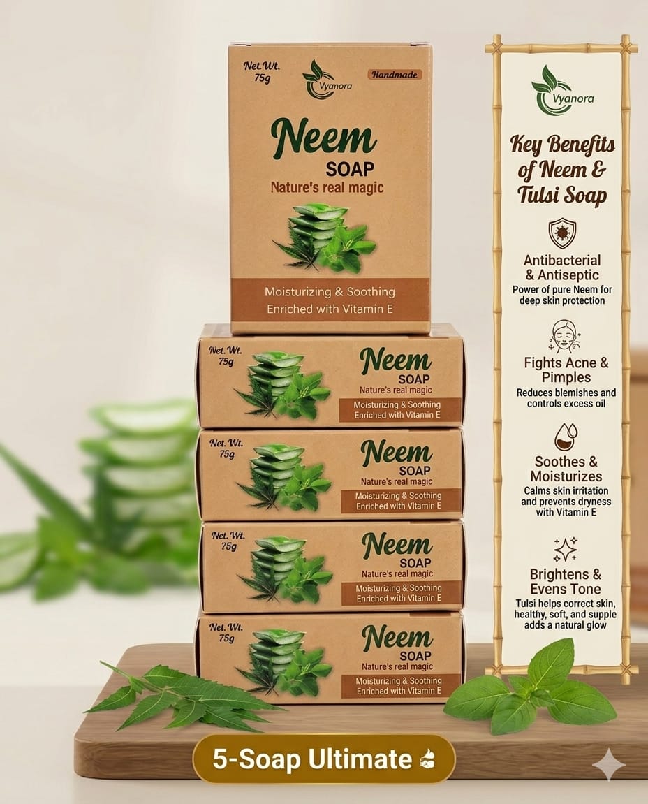 Vyanora Handmade Neem & Tulsi Soap (Combo of 5 x 75g) - Nature's Clear Skin Remedy
